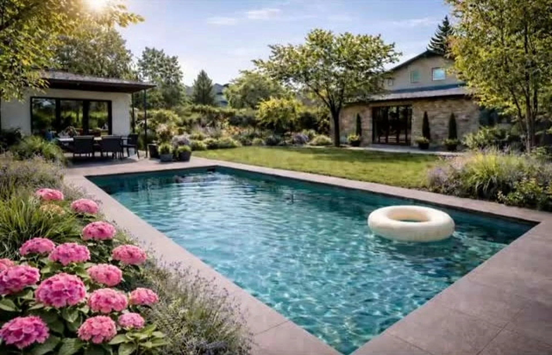 Pool mit Hortensien und Gartenanlage