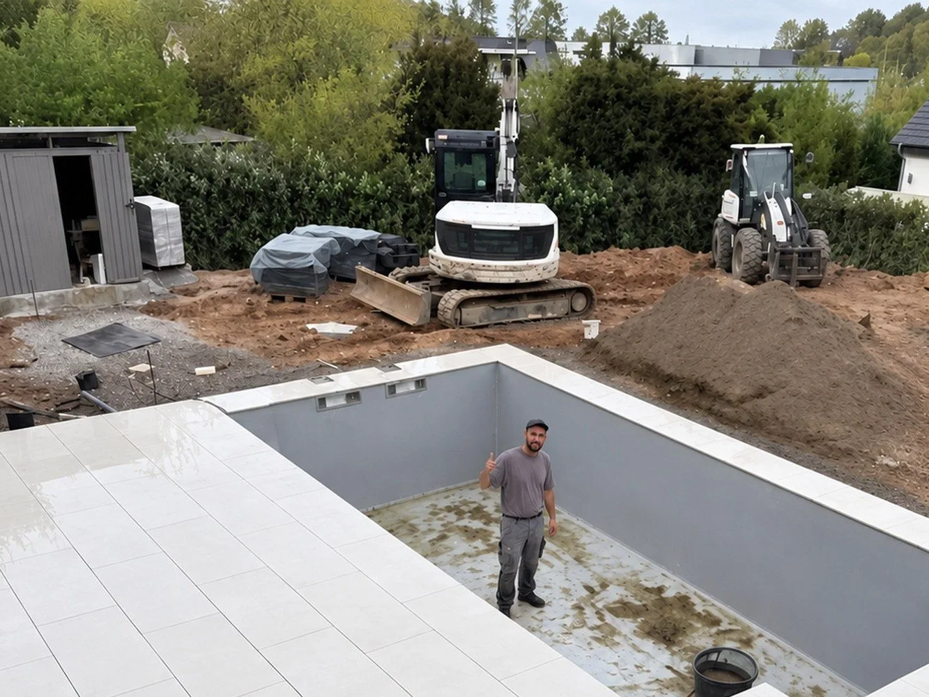 Poolbau im Rohbau mit Minibagger und Radlader im Hintergrund